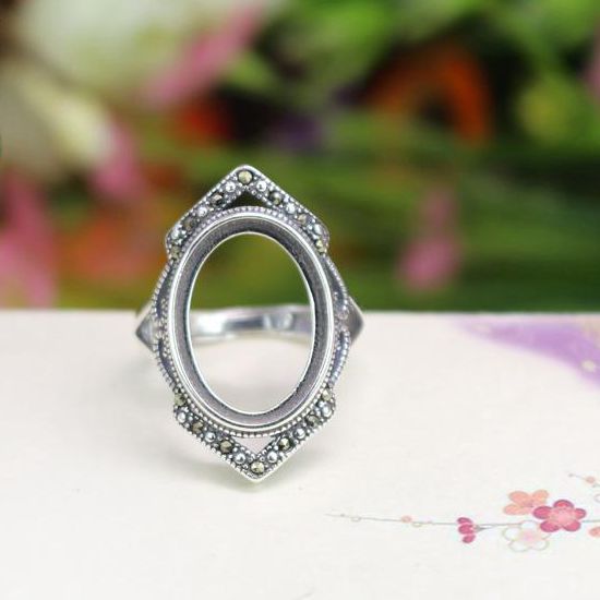 Art Nouveau 925 Sterling Silver 13x18mm Oval Cabochon Semi Mount Engagement Wedding Ring Setting Retro Vintage