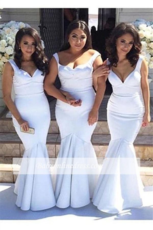 Cheap Mermaid Bridesmaid Satin Spaghetti Straps Floor Length Pleats White Ivory Maid of Honor Dresses Custom Made 2024