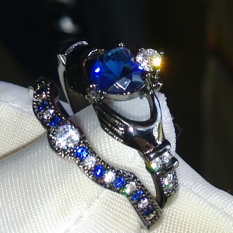 Heart Jewelry Sterg Sier Black Gold Plated Blue Sapphire CZ Dia Bridal Ring Size 5-11