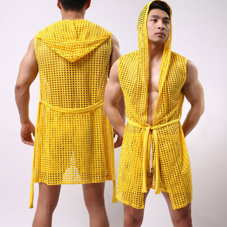 Wholesale-1pcs men robe bathrobe brand sexy men pajamas long set mens sleepwear sheer mesh gay wear men sleep lounge kimono for man