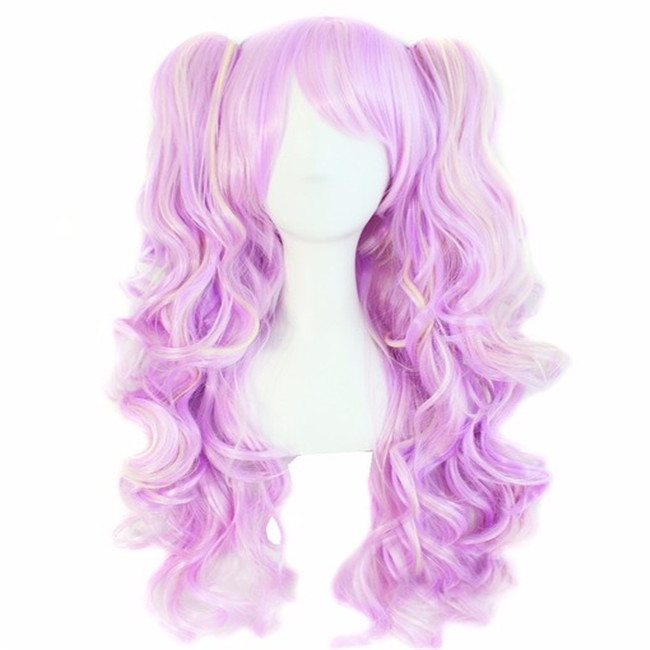 Double ponytail clip wig WoodFestival Long wavy synthetic wigs three sets Purple pink white black heat resistant fiber hair women