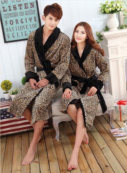 Wholesale- New Winter women and men's high quality Coral fleece bathrobe leopard Robe Men sleepwear night-gown Plus Size Free