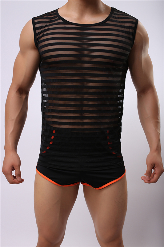 Wholesale-NEW Men Sexy Transparent Mesh Net Shirts Sexy Underwear Undershirts Vest Gym Stripe See Through Tank Tops Night Club Wear