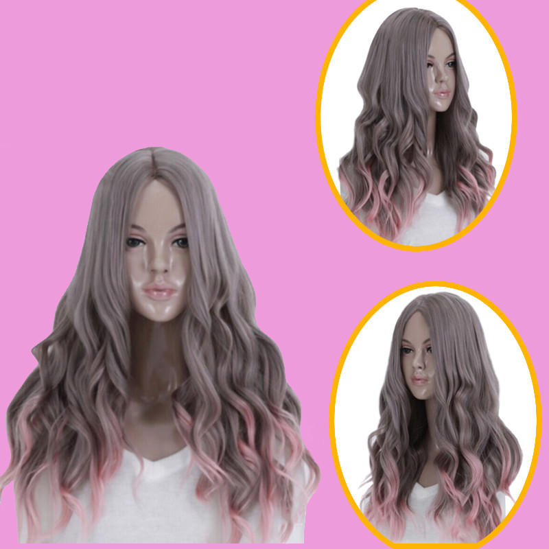 harajuku pink wig gradient blending grey cosplay long heat resistant wigs curly wavy wig synthetic hair high quality