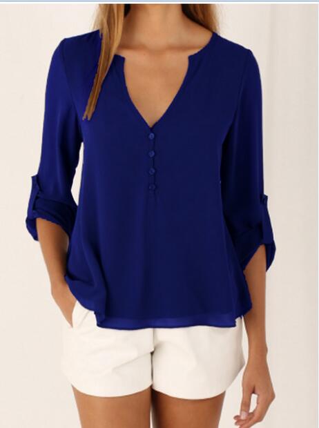 Wholesale-Deep V Neck Casual Chiffon Blouses Long Sleeves Gray Blusas Loose Casual Club Party Women Shirts Tops KL075