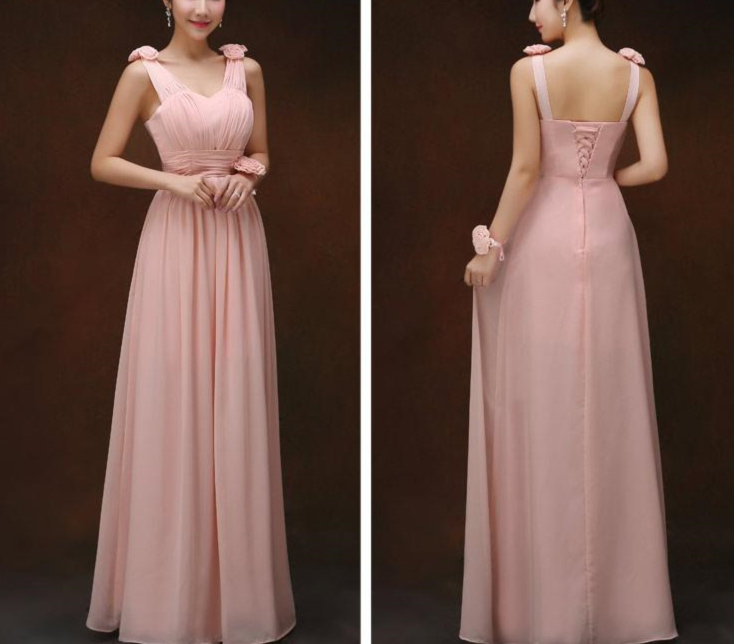 Pleated Long Chiffon Bridesmaid Dress Nude Pink Floor Length A Line Bridesmaid Gowns Lace Up