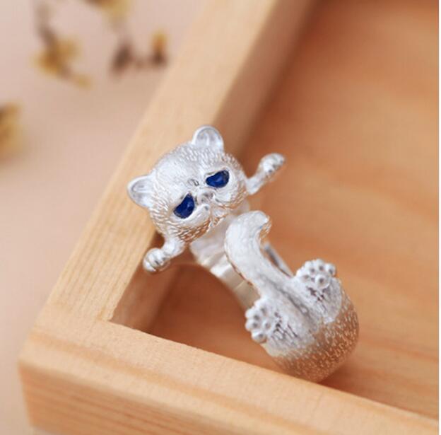 Fashion Lovely Silver Plated Cute Cat Rings for Women Animal Cat Eyes Open Ring Vintage Jewelry G894