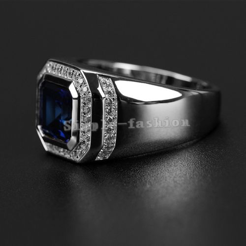 Blue Sapphire Sterg Sier Ring: Solitaire Simulated Dia Wedding Band for Men (Size 8-13)