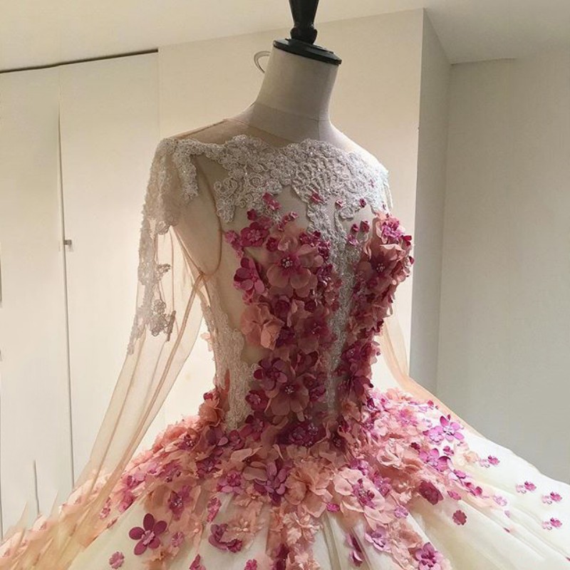 Real Image Ball Gown Wedding Dress Jewel Neck 3D Floral Appliques Long Sleeves Floor Length Dubai Said Bridal Gowns Vestidos De Novia