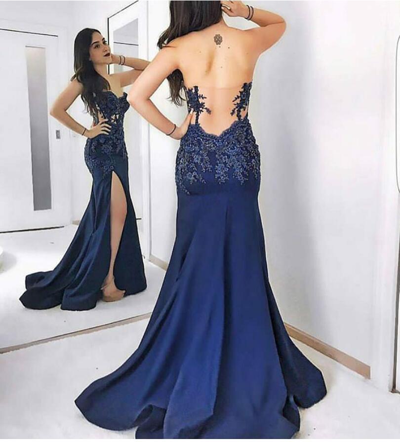 Sexy Navy Blue Mermaid Prom Dresses Navy Blue Evening Gowns Sweetheart Illusion Sheer with Applique Side ZIpper And Split Formal Gowns, Ivory
Sexy Navy Blue Mermaid Prom Dresses Navy Blue Evening Gowns Sweetheart Illusion Sheer with Applique Side ZIpper And Split Formal Gowns, Ivory