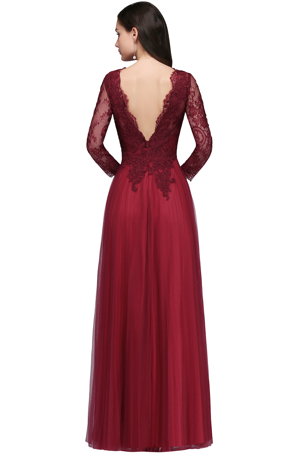 V Real Image Neck Long Sleeves Lace Evening Dresses Tull Backless A E Or Length Formal Party Prom Gowns In Stock CPS 0227Lz