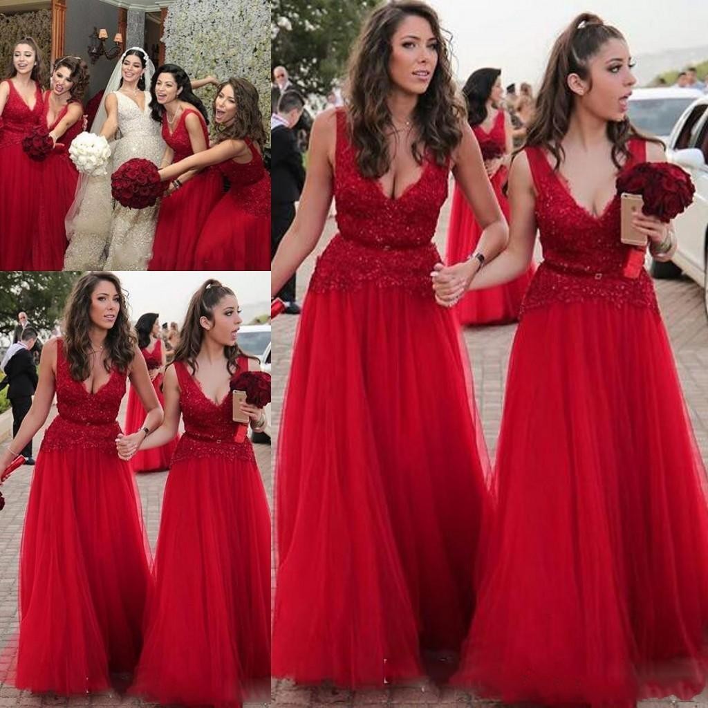 Red Deep V Neck Long Bridesmaid Dresses 2017 Lace And Tulle A Line Maid Of Honor Gowns For Wedding Customized Formal Party Dresses
Red Deep V Neck Long Bridesmaid Dresses 2017 Lace And Tulle A Line Maid Of Honor Gowns For Wedding Customized Formal Party Dresses