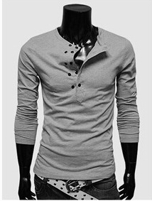 Hot men's spring and autumn Double-breasted pure color slim cotton t shirt 5 color 4 size