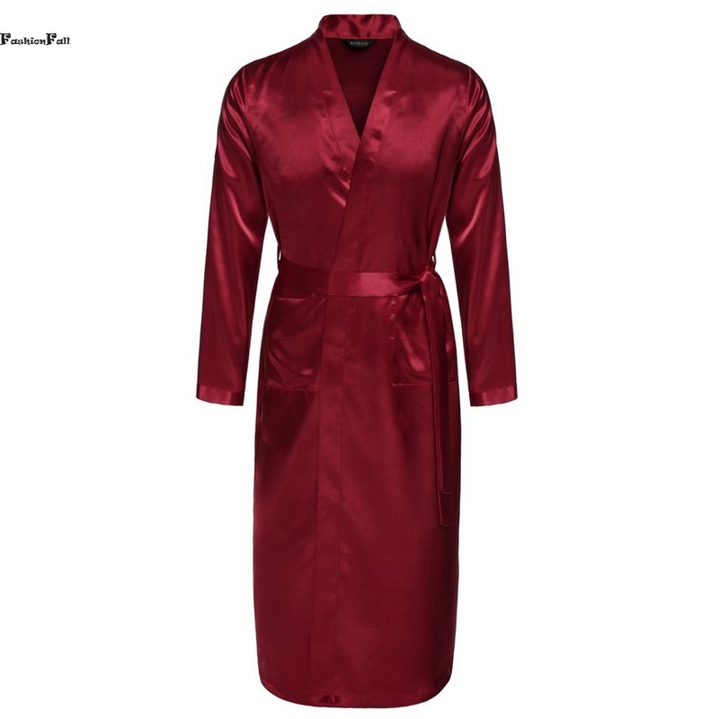 Wholesale-Mens Summer Robes Solid V-neck Kimono Bathrobe Long Satin Robe Sleepwear Adjustable Waistband Peignoir Homme Albornoz Hombre ZD