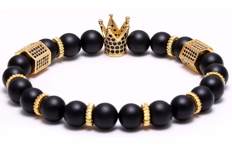 Black Pave CZ zirconia Oro Rey crown charm Strands PULSERA Hombres enamel opaque matte brazalete de Cuentas Piedra