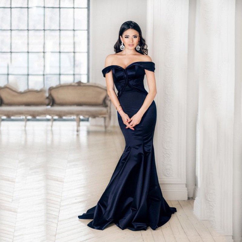 Elegant Mermaid Formal Dresses Navy Blue Off The Shoulder Prom Dresses Sleeveless Arabic Dubai Formal Evening Gown Vestido De Novia