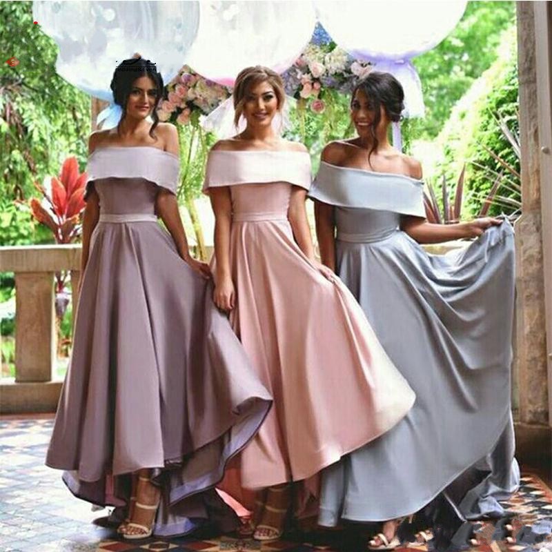 

Elegant High Low Bridesmaid Dresses 2017 Off The Shoulder A Line Maid Of Honor Gowns Satin Wedding Guest Dresses Vestido De Novia