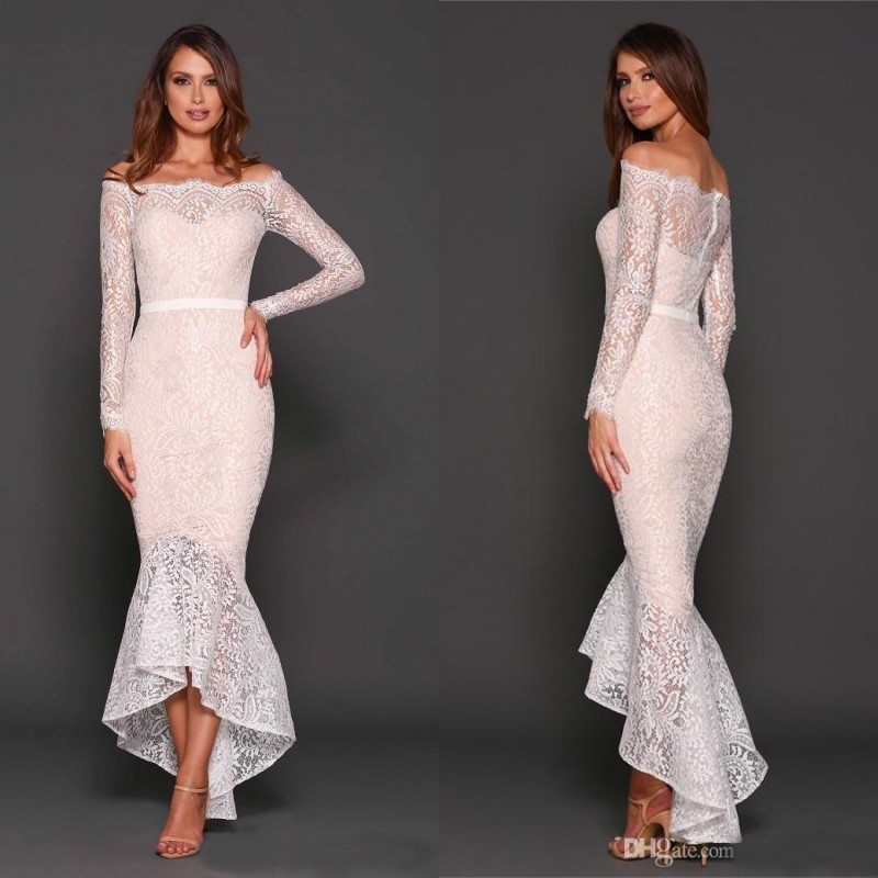 Sexy 2016 Latest White Lace Off Shoulder Tea Length Cocktail Dresses Vintage Long Sleeve High Low Mermaid Party Formal Gowns EN7082