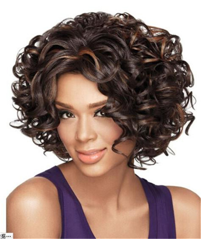 WoodFestival afro kinky curly hair wigs medium length heat resistant synthetic fiber wig women brown mix black color costume fashion