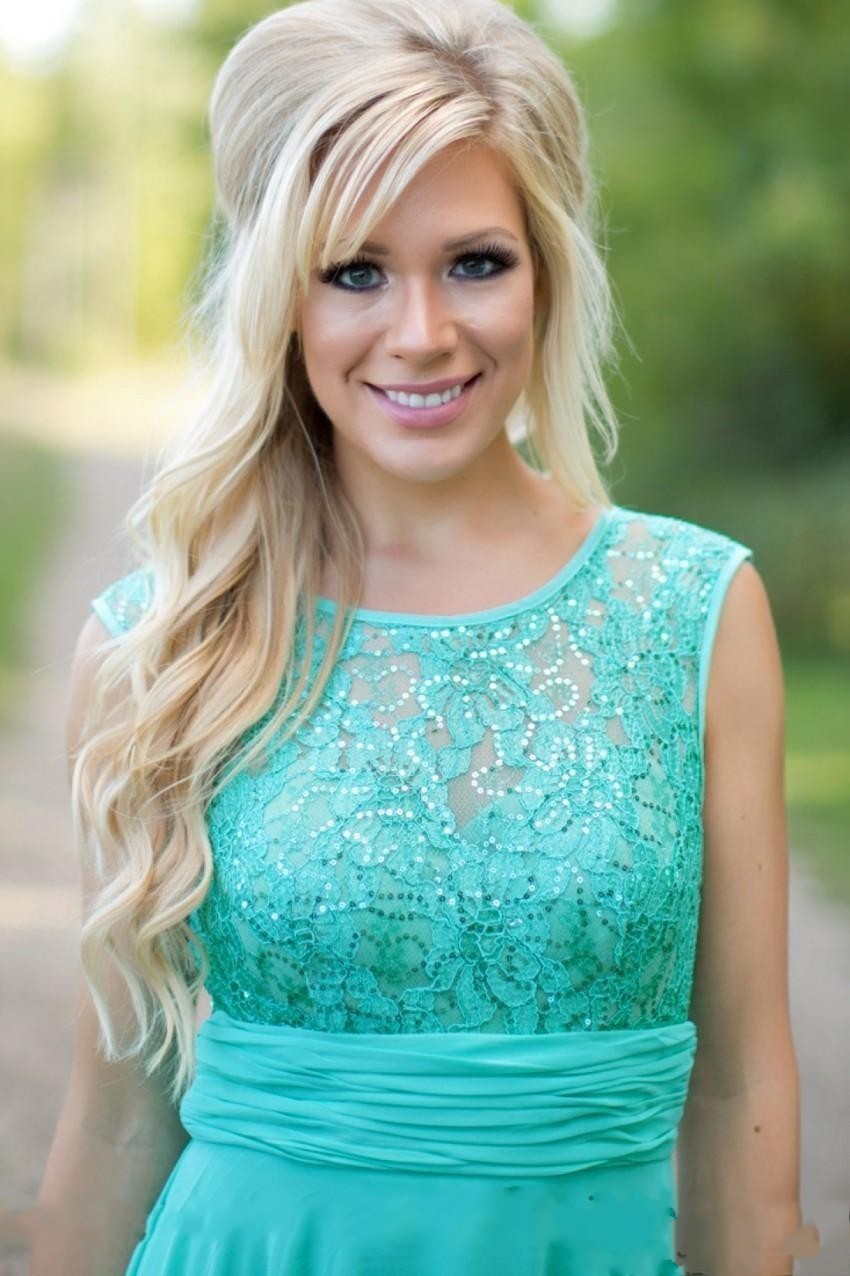 2018 Cheap Country Turquoise Mint Bridesmaid Dresses Illusion Neck Lace Sequins Top Chiffon Long Plus Size Maid of Honor Wedding Party Dress