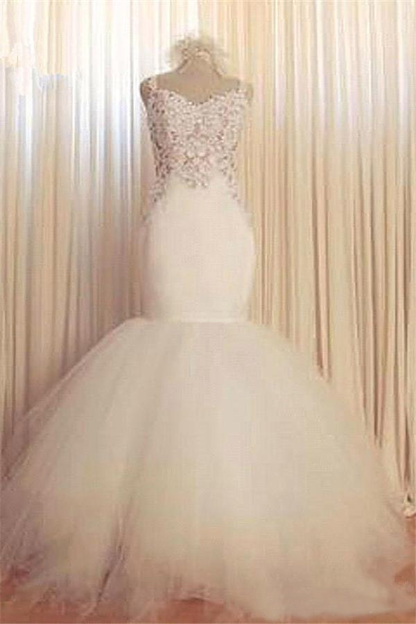 Fabulous 2016 Sexy Sweetheart Backless Tulle Mermaid Wedding Dresses Puffy Modest Lace Beaded Long Bridal Gowns Custom Made EN73010