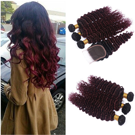 Deep Wave 1B/99J Wine Red Two Tone Ombre Brazilian Human Hair Weaves With Closure Burgundy Ombre 3Bundles With 4x4 Front Lace Closure от DHgate WW