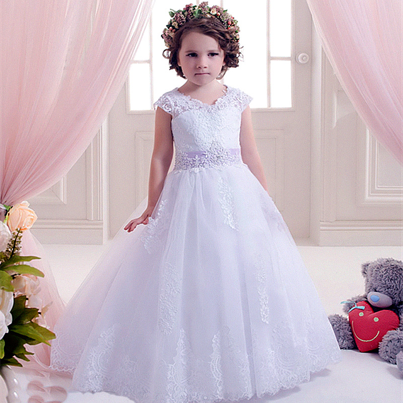 Pretty Lace Flower Girls Dresses For Weddings And Party Tulle Appliques Tank Girls Long Pageant Dress communion