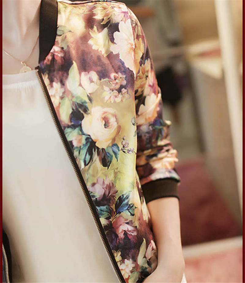 Wholesale- 2017 Fashion Spring Autumn Women Jackets Flower Print Coats Zipper Thin Bomber Jacket Long Sleeve Coat Outwear Female Blusas