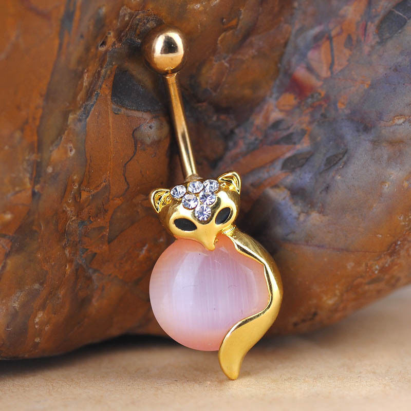 Elegant Steel Crystal Ball Fox Design Navel Piercing Barbell Ring for Belly Button