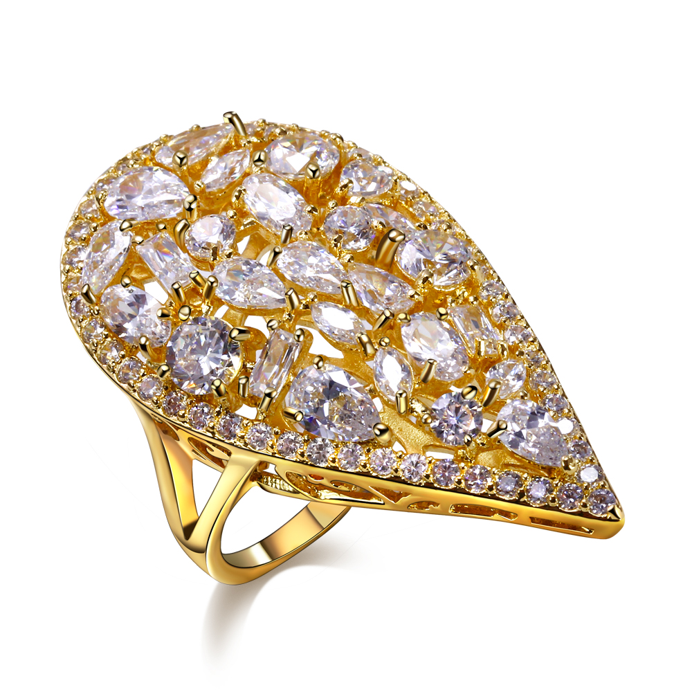 Nice Beautyful Ring! Big water drop shape Gold Plate Ring Pave setting Champagne cz Rings