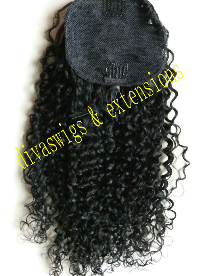 Cheap mongolian virgin human hair high ponytail afro puff clip in kinky curly drawstring pony tail hair extension