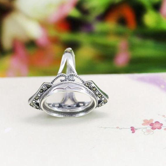 Art Nouveau 925 Sterling Silver 13x18mm Oval Cabochon Semi Mount Engagement Wedding Ring Setting Retro Vintage