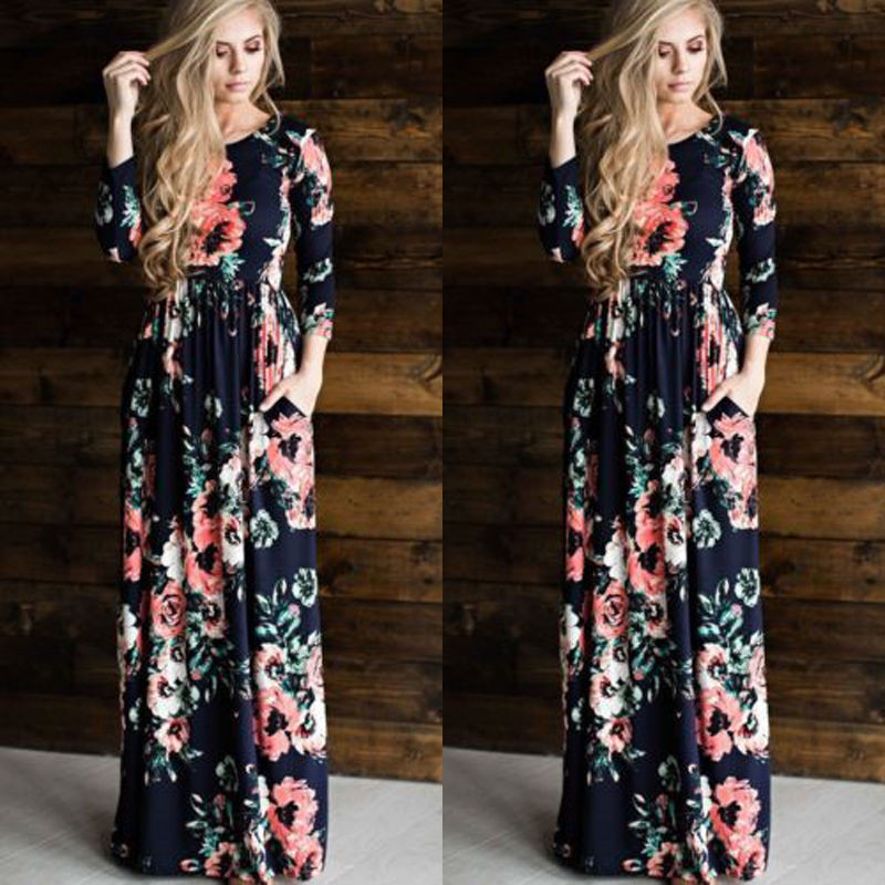 Wholesale- New Casual Women Summer Floral Long Dress High Waist Female Long Sleeve Party Dress Women BOHO Long Maxi Dress