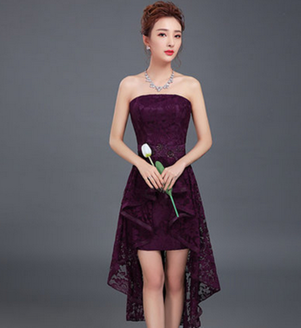 Romantic Lace High Low Bridesmaid Dress Lace Up Purple 2017 Elegant Party Dress Short Front Long Back