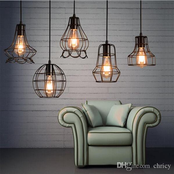 Vintage Iron Pendant Light Cage Hanging Lamp Retro E27 Pyramid Lighting for Restaurant Coffee Bar Living Room