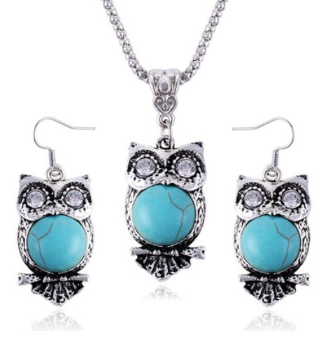 Fashion Jewelry Exaggerated Vintage National Style Turquoise Owl Gourd Butterfly Heart Necklace Earrings Jewelry Set Rhinestone Jewelry Set