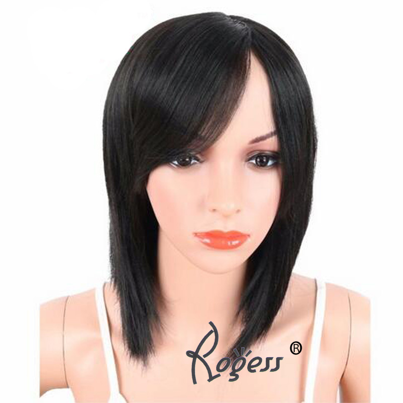 Fashion 16inch Black Color Synthetic Wigs With Bangs For Black White Women Medium Length Straight Hair Naturally Heat resistant