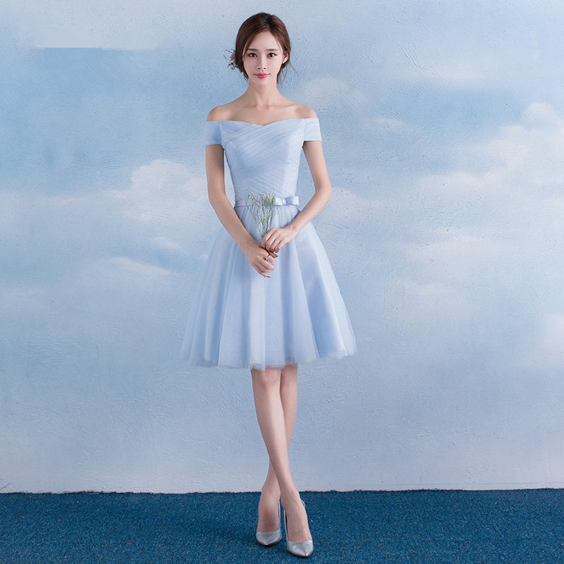 One Shoulder Soft Tulle Short Bridesmaid Dress With Bow Sky Blue 2016 Knee Length Wedding Guest Dress 5 Style Mixed Order