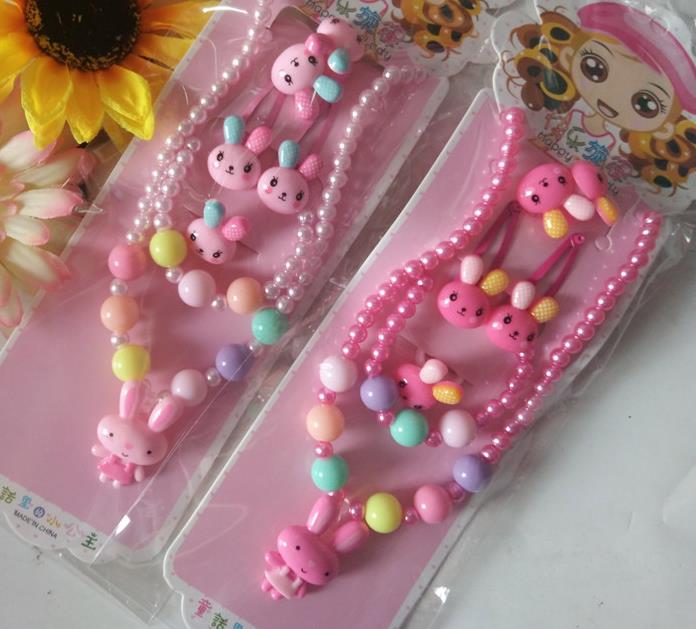 Kids gift jewelry set girl pearl beads cartoon pendants necklace bracelet ring hair clip hairband Set Christmas Party bag filler prize pink