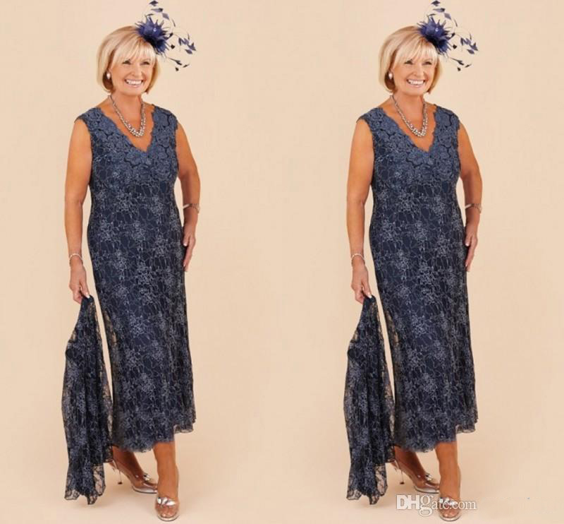 Modest Lace Mother of the Bride Dresses V-Neck Sleeveless With Skirt Ankle-Length Mother of the Bride Dresses Sheath Prom Gowns Cheap