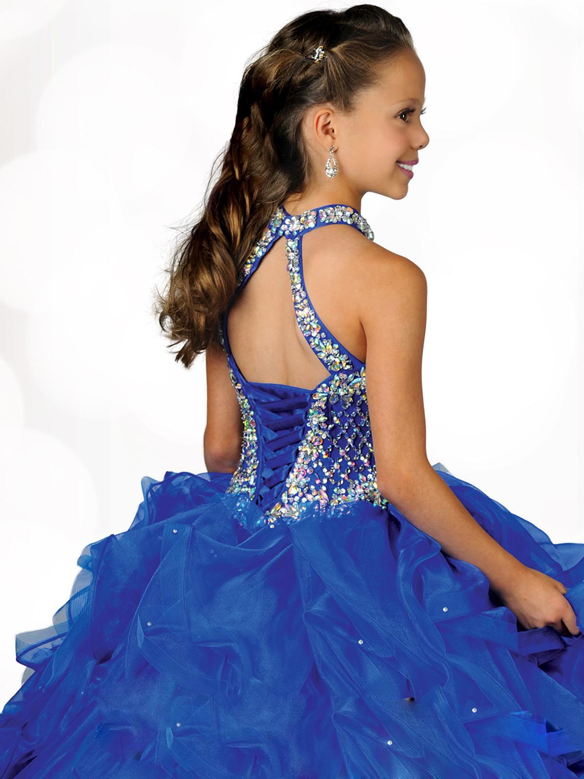 Glamorous Girls Pageant Dresses Halter High Neckline Beaded Straps Beading Little Pleated Blue Organza Flower Girls Dress