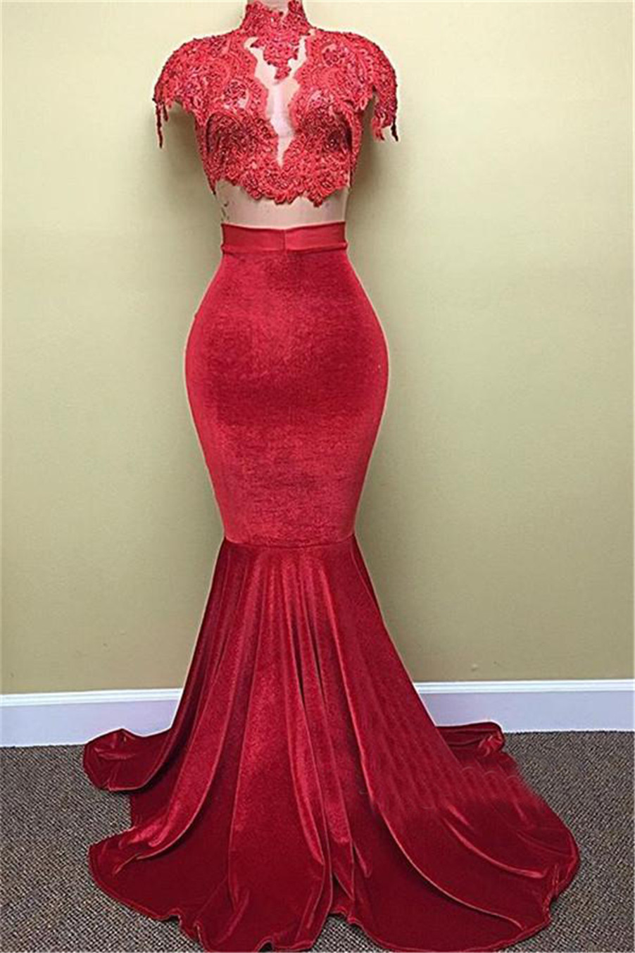 Lace Red Cap-Sleeves Velvet Mermaid Popular High-Neck Prom Dress Two Pieces Sexy Evening Dress vestidos cortos de fiesta, Orange
Lace Red Cap-Sleeves Velvet Mermaid Popular High-Neck Prom Dress Two Pieces Sexy Evening Dress vestidos cortos de fiesta, Orange
