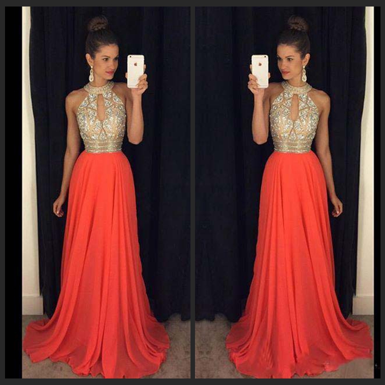 Crystal Prom Dresses 2016 High Neck Evening Gowns Cheap Orange Chiffon With Beading Formal Party Gowns Long Prom Dress