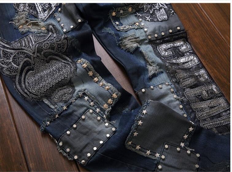 Brand Fashion Patchwork Straight Embroidery Rivets Punk Men's Skinny Jeans High Quality Robbin Jeans Hip Hop Fit Men Biker Jeans
