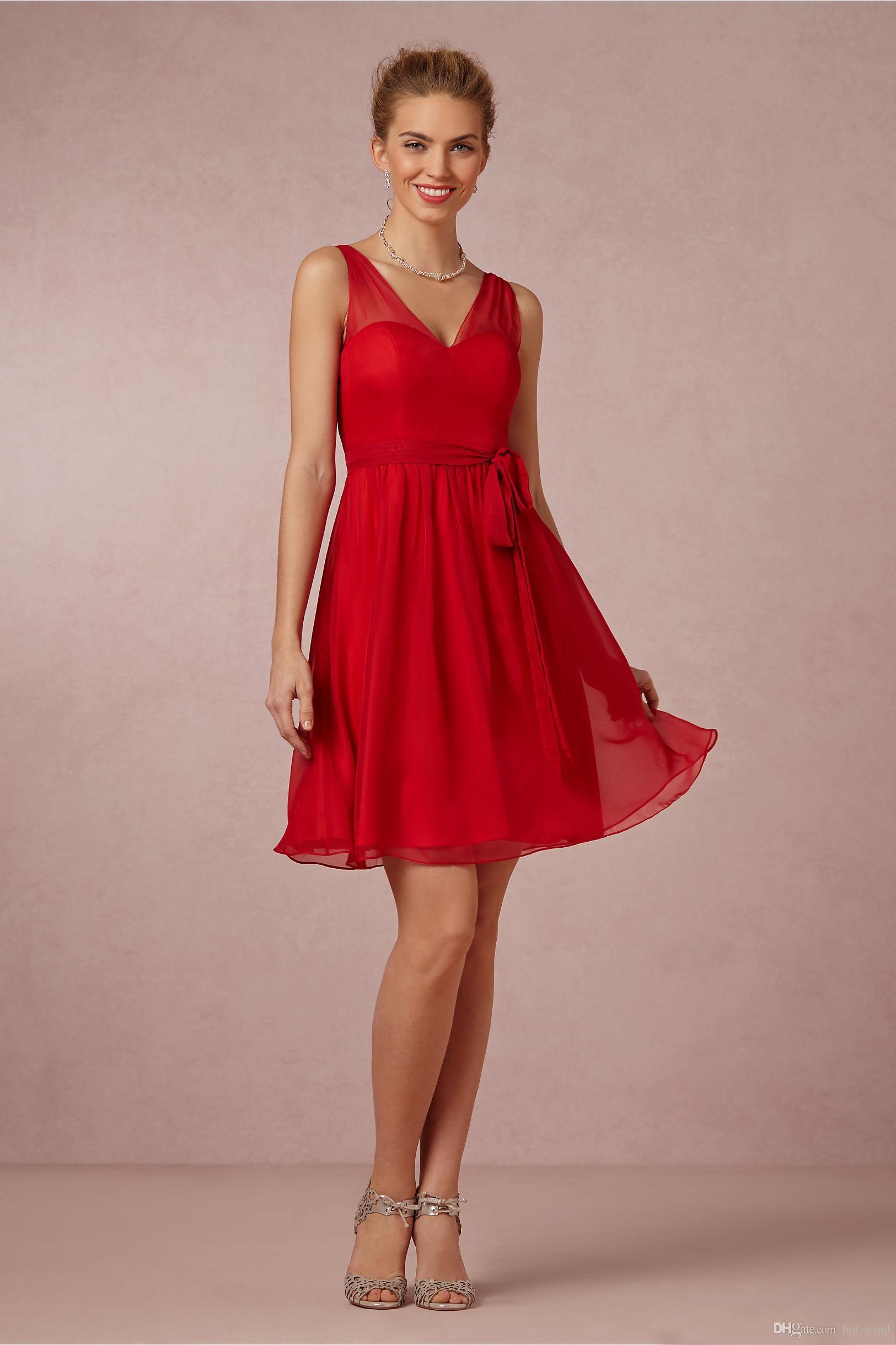 Red Cheap Short A Line Bridesmaid V Neck Chiffon Mini Tail Dresses Flowy Low Back Wedding Party Gowns For Gilrs