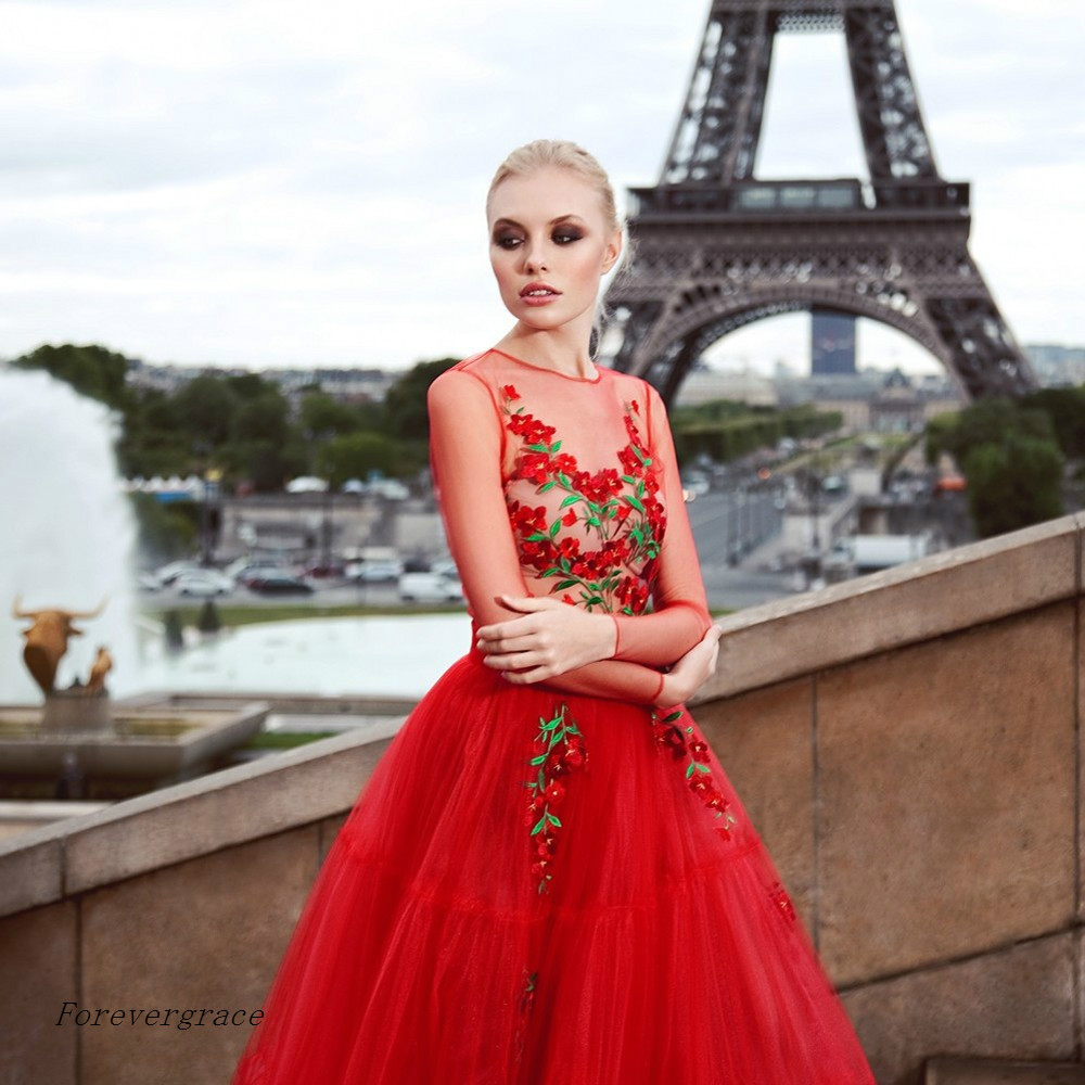 Nude Tulle Champagne Red Evening Dress Floral Floor Length Long Sleeves Women Wear Special Occasion Dress Prom Party Dress Plus Size