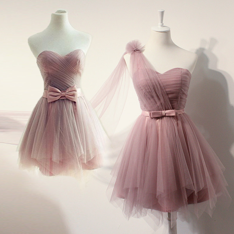 One Shoulder Soft Tulle Short Bridesmaid Dresses With Bow Ball Gown Wedding Party Dress Fast Shipping