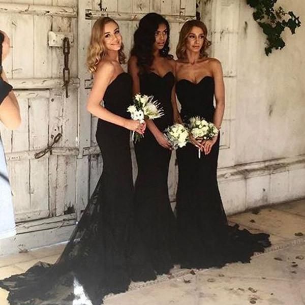 Graceful 2017 Black Chiffon Sweetheart Mermaid Bridesmaid Dresses Long Sheer Lace Court Train Maid Of Honor Gowns Custom Made China EN9147
