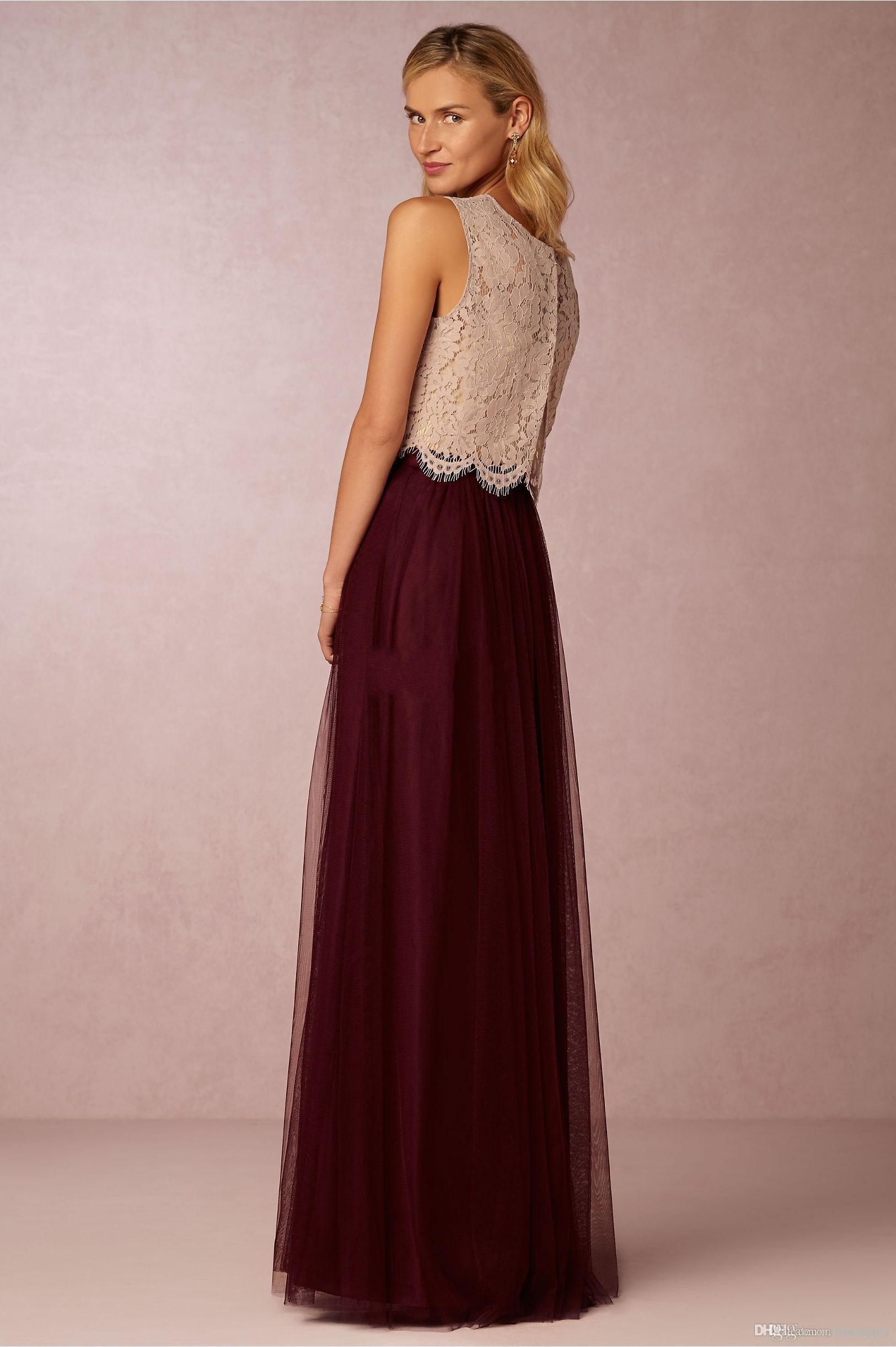 2020 Vintage Two Pieces Crop Top Bridesmaid Dresses Tulle Ruched Floor Length Blush Mint Grey Bridesmaid Gowns Lace Wedding Party Dresses