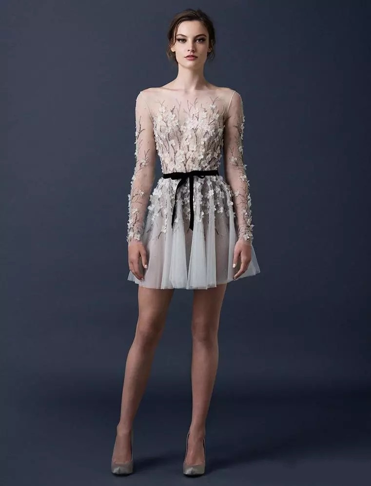 Paolo Sebastian 2017 Sexy Cocktail Dresses Long Sleeve 3D-Floral Appliques A Line Party Gowns Bateau Neck Beaded Illusion Bodice Prom Dress